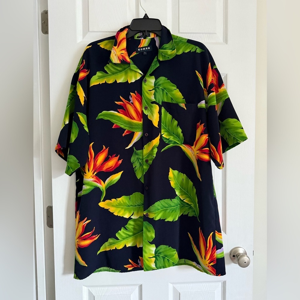 Koman Sport Tropical Hawaiian Polo Shirt Size Large Vacation Holiday Cruise